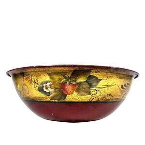 Tole Folk Art Hand Painted Red Strawberry Floral Large Stainless Serving Bowl